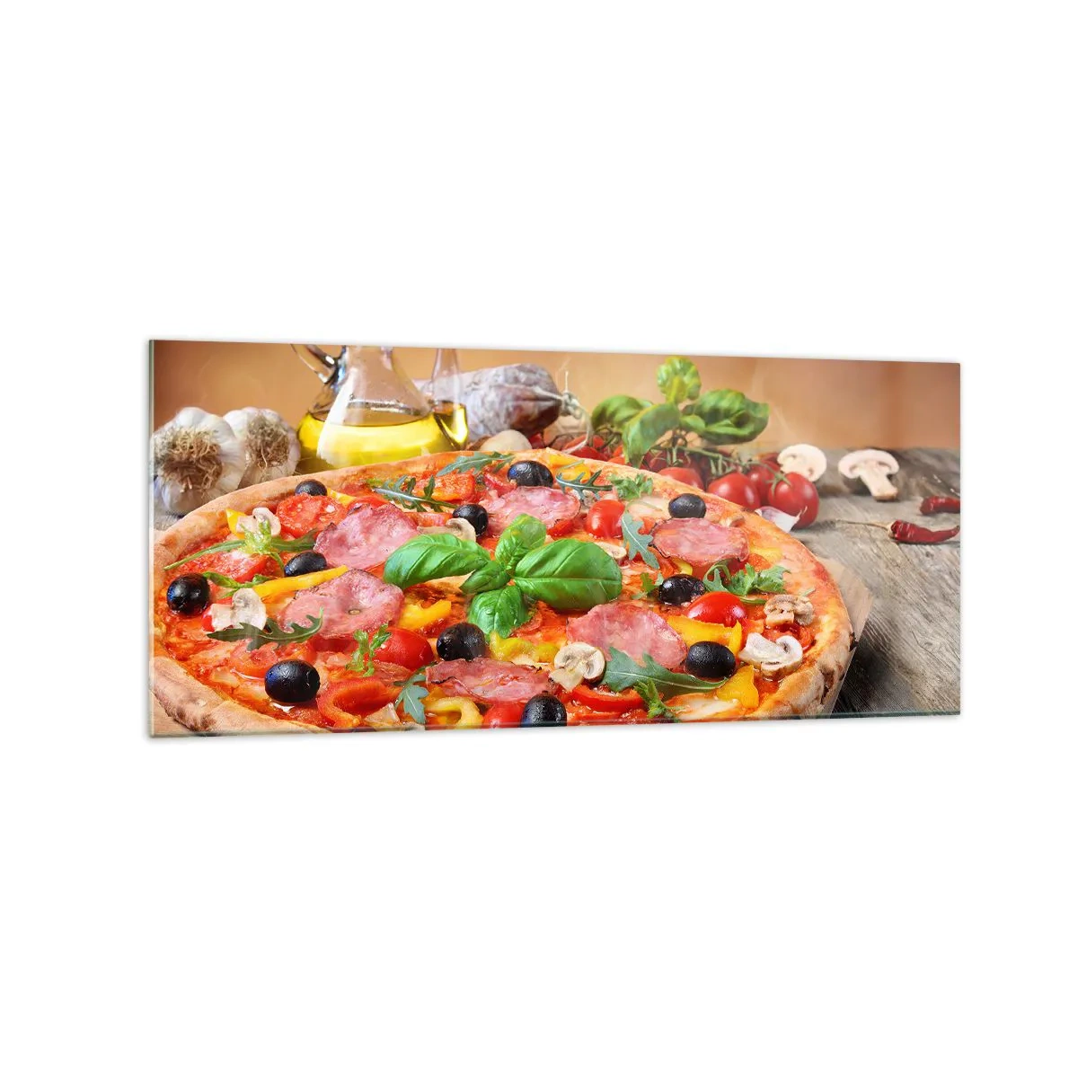 Glasbild - Bild auf glas - Appetitliche Pizza auf einem Holztisch mit Belag - 120x50cm - Mit echtem italienischem Flair - Moderne Wanddekoration für Wohnzimmer und Schlafzimmer ARTTOR