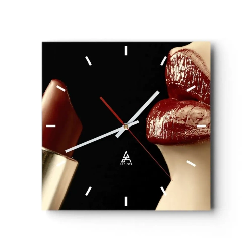 Wanduhr - Glasuhr - Rote Lippen und Lippenstift auf schwarzem Hintergrund - 30x30cm - Sinnlichkeit und Brillanz von Karmin - Moderne Wanddekoration für Wohnzimmer und Schlafzimmer ARTTOR