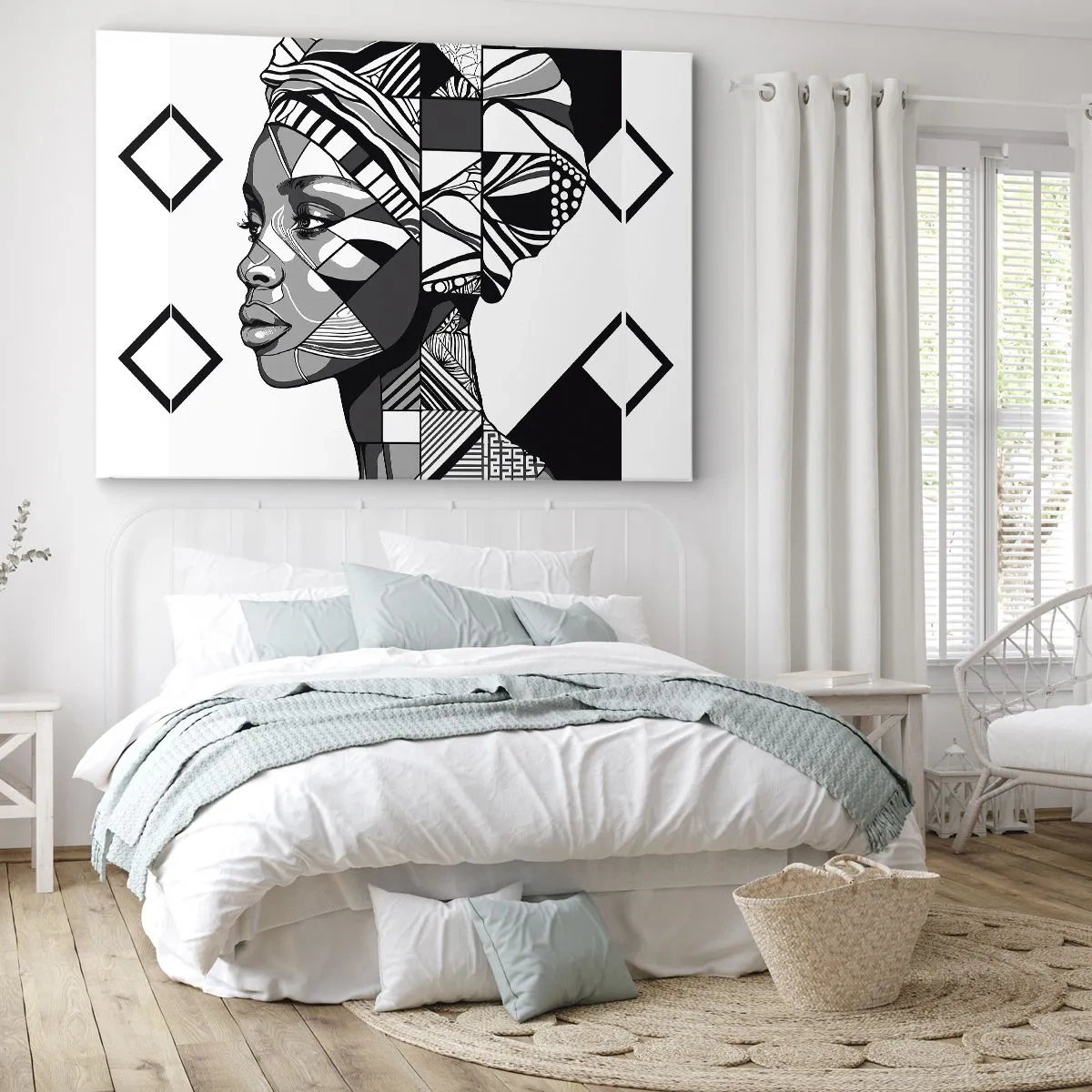 Bild auf Leinwand - Leinwandbild - Schwarz-Weiß-Porträt einer Frau im Ethno-Stil - 120x80cm - Ethnisches Porträt - Moderne Wanddekoration für Wohnzimmer und Schlafzimmer ARTTOR