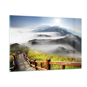 Glasbild - Bild auf glas - Berglandschaft mit Nebel und einem Holzweg bei Sonnenaufgang - 120x80cm - Gewebt aus Lichtschein und Nebel - Moderne Wanddekoration für Wohnzimmer und Schlafzimmer ARTTOR