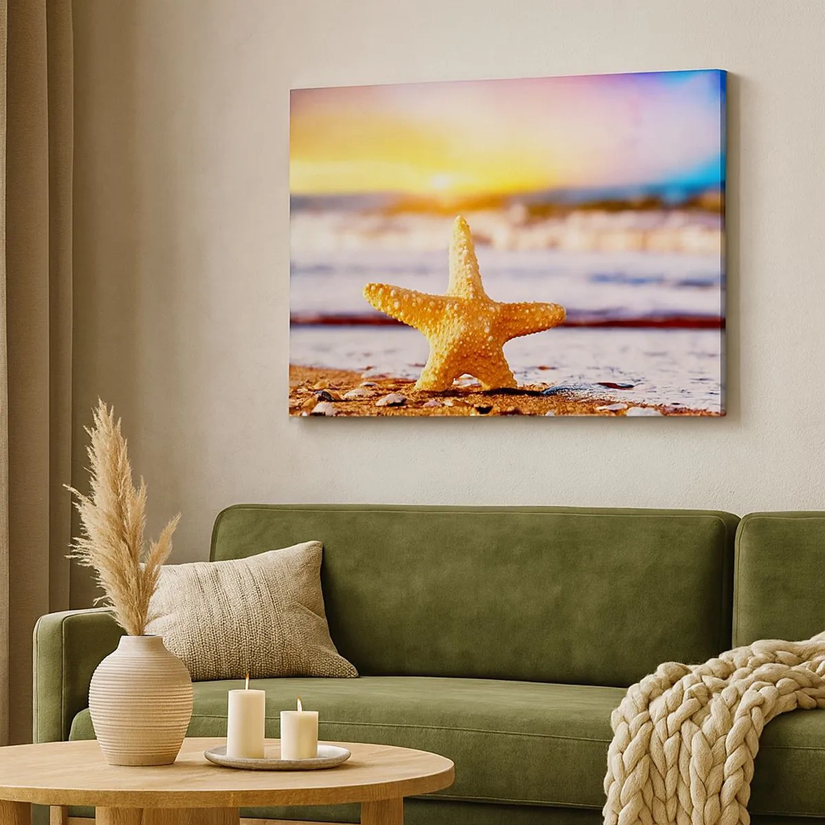 Bild auf Leinwand - Leinwandbild - Ein Seestern an einem Sandstrand im Schein der untergehenden Sonne - 70x50cm - Meer Geschenk - Moderne Wanddekoration für Wohnzimmer und Schlafzimmer ARTTOR