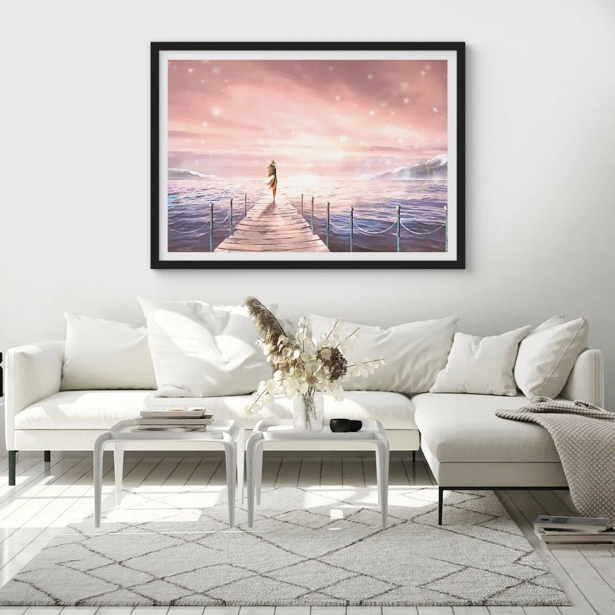 Poster in einem schwarzem Rahmen - Eine Frau auf einem Steg in einer magischen Sonnenuntergangskulisse - 100x70cm - Im Licht eines Traums - Moderne Wanddekoration für Wohnzimmer und Schlafzimmer ARTTOR