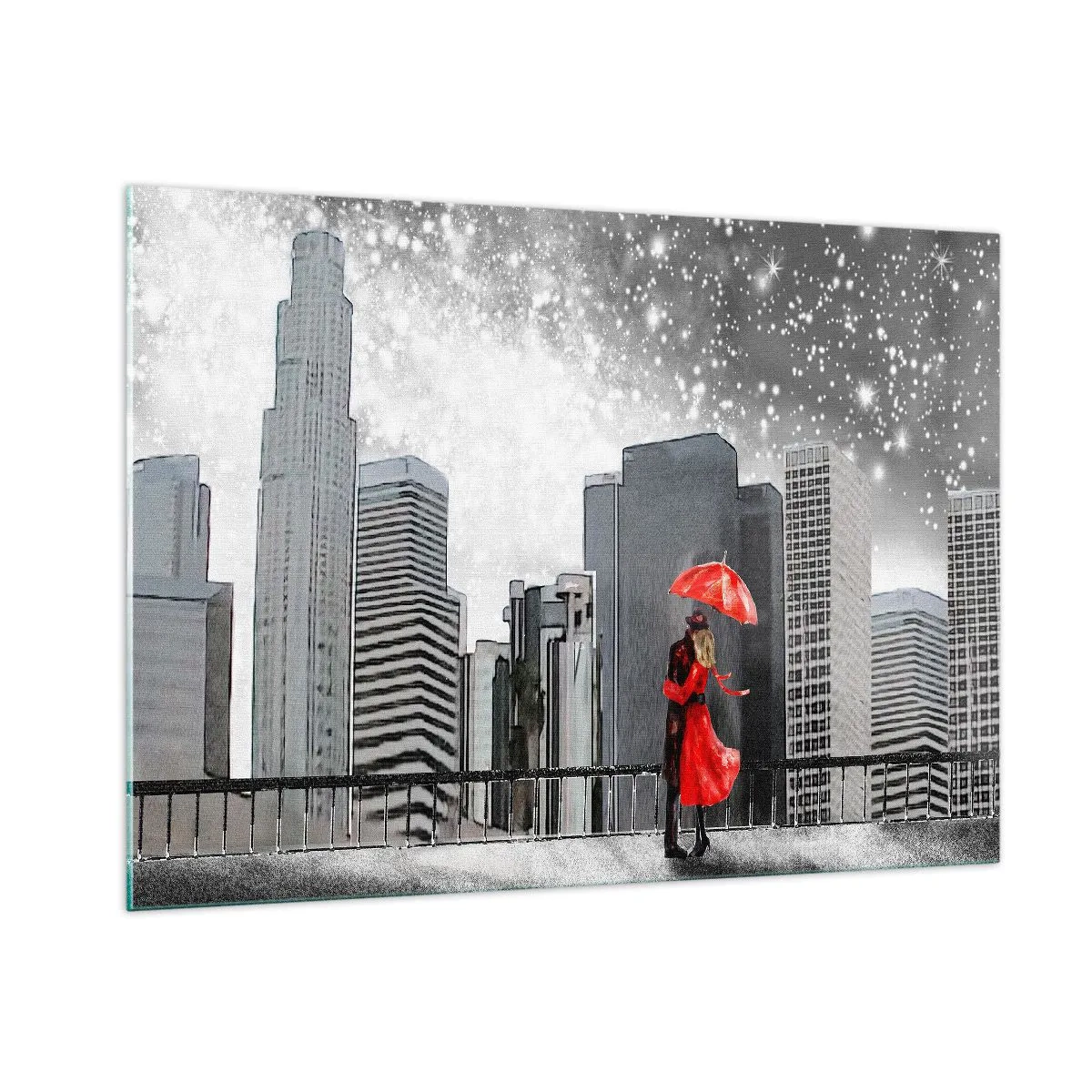 Glasbild - Bild auf glas - Ein Paar mit einem roten Regenschirm steht nachts vor einer Stadtlandschaft - 100x70cm - Der Mensch ist kein Stein - Moderne Wanddekoration für Wohnzimmer und Schlafzimmer ARTTOR