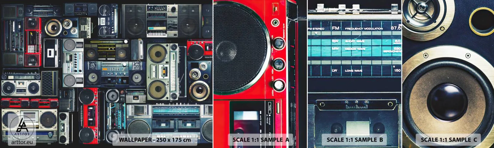 Fototapeten Muster Selbstklebend Deluxe Sticker - Sehnsucht nach den 1980er Jahren - Kassettenrekorder, Musikverstärker, Vintage Musikausrüstung - 100x30 cm