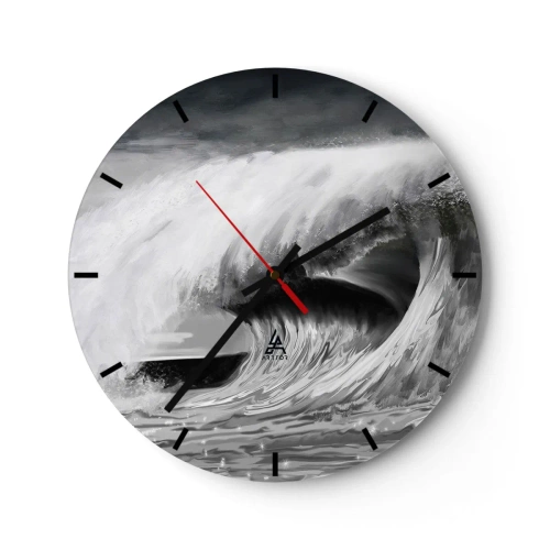 Wanduhr - Glasuhr - Eine dynamische Welle in Schwarz-Weiß-Tönen - 30x30cm - Wut des Ozeans - Moderne Wanddekoration für Wohnzimmer, Küche und Schlafzimmer ARTTOR