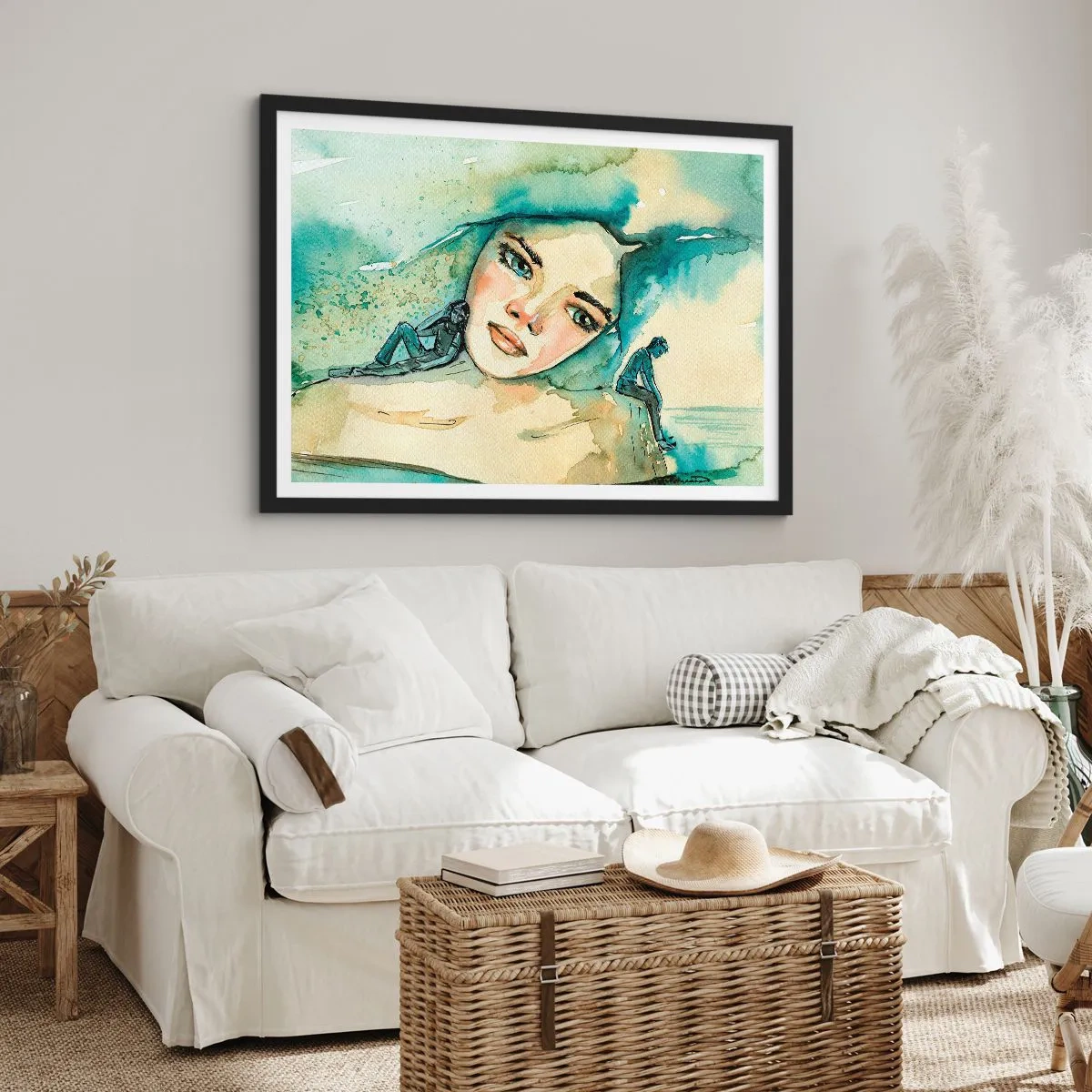 Poster in einem schwarzem Rahmen - Aquarell eines Frauengesichts mit reflektierendem Motiv - 70x50cm - Bin ich blau? - Moderne Wanddekoration für Wohnzimmer und Schlafzimmer ARTTOR