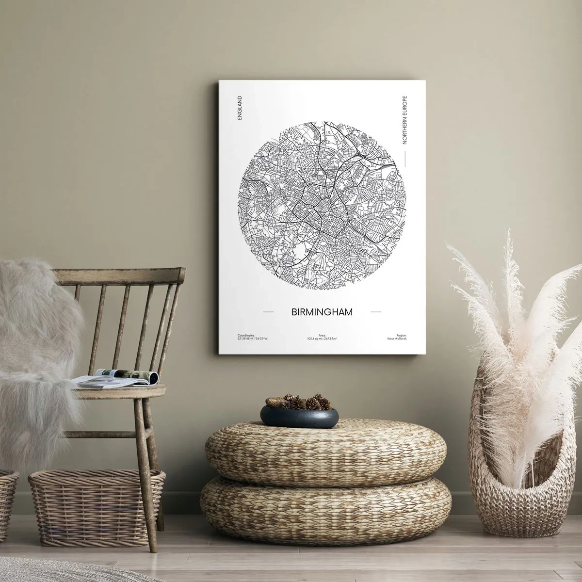 Bild auf Leinwand - Leinwandbild - Eine minimalistische Schwarzweißkarte von Birmingham mit präzisen Details. - 50x70cm - Anatomie von Birmingham - Moderne Wanddekoration für Wohnzimmer und Schlafzimmer ARTTOR