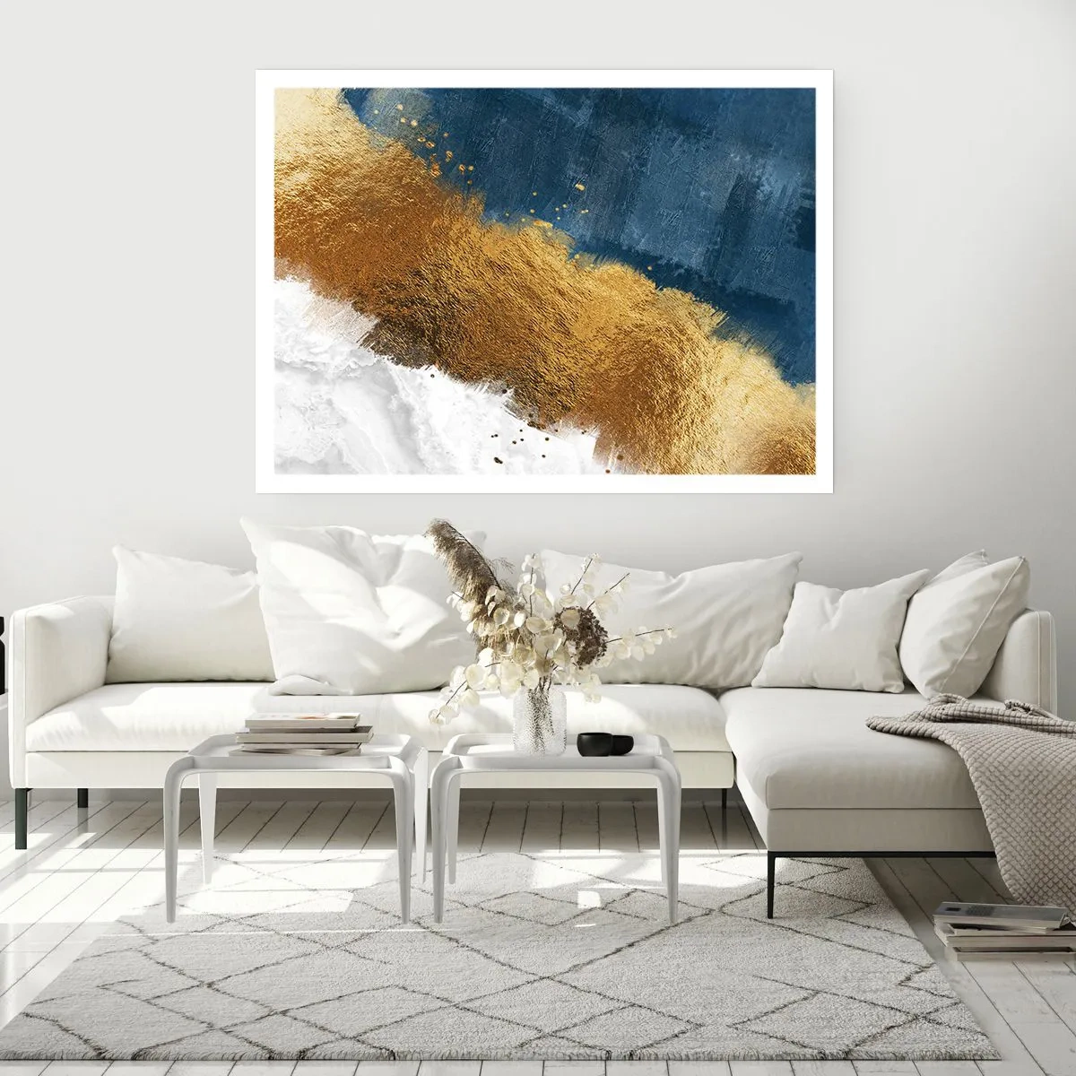 Poster - Eine abstrakte Komposition in Gold-, Blau- und Weißtönen. - 100x70cm - Farben des Sommers - Moderne Wanddekoration für Wohnzimmer und Schlafzimmer ARTTOR