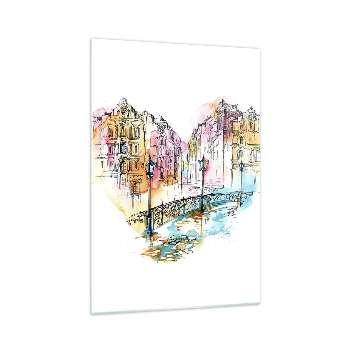 Glasbild - Bild auf glas - Aquarell einer Brücke und herzförmigen Mietshäusern - 70x100cm - Das Herz der Stadt - Moderne Wanddekoration für Wohnzimmer und Schlafzimmer ARTTOR