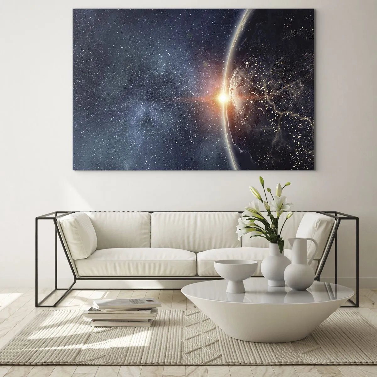 Glasbild - Bild auf glas - Erde, beleuchtet von den Sonnenstrahlen im Weltraum - 70x50cm - In einer neuen Perspektive - Moderne Wanddekoration für Wohnzimmer und Schlafzimmer ARTTOR