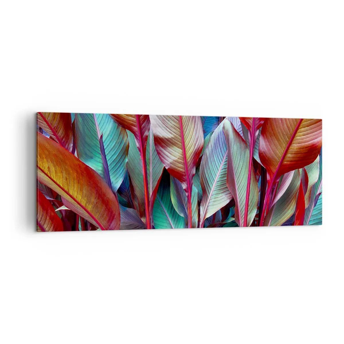Bild auf Leinwand - Leinwandbild - Bunte Blätter tropischer Pflanzen im Dickicht - 140x50cm - Buntes Dickicht - Moderne Wanddekoration für Wohnzimmer und Schlafzimmer ARTTOR