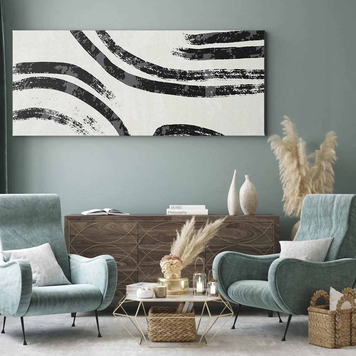 Bild auf Leinwand - Leinwandbild - Schwarz-weiße abstrakte Linien auf hellem Hintergrund - 160x50cm - Bei Hälfte angehalten - Moderne Wanddekoration für Wohnzimmer und Schlafzimmer ARTTOR