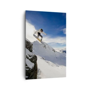 Bild auf Leinwand - Leinwandbild - Ein Snowboarder springt von einer Klippe mit schneebedeckten Bergen im Hintergrund. - 80x120cm - Freiheit ohne Grenzen - Moderne Wanddekoration für Wohnzimmer und Schlafzimmer ARTTOR