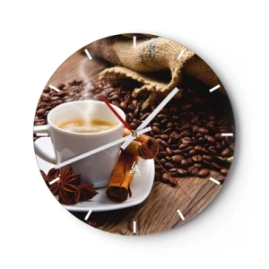 Wanduhr - Glasuhr - Eine Tasse Kaffee mit Gewürzen und Kaffeebohnen - 30x30cm - Würziger Geschmack und Aroma - Moderne Wanddekoration für Wohnzimmer, Küche und Schlafzimmer ARTTOR