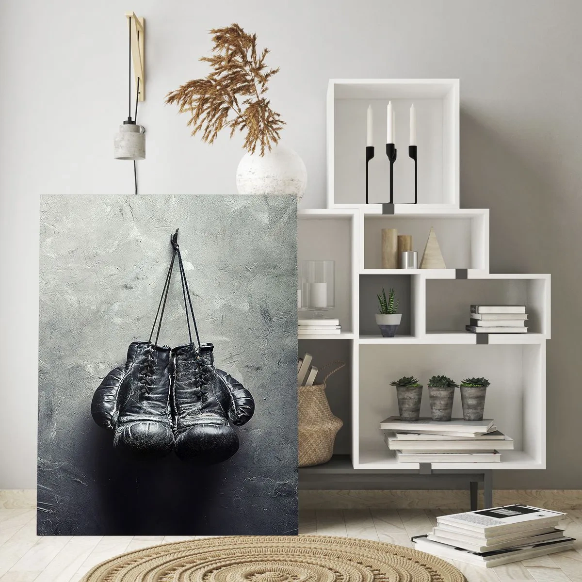 Glasbild - Bild auf glas - Alte Boxhandschuhe an der Wand - 70x100cm - Zeit des Kampfes und Zeit des Friedens - Moderne Wanddekoration für Wohnzimmer und Schlafzimmer ARTTOR