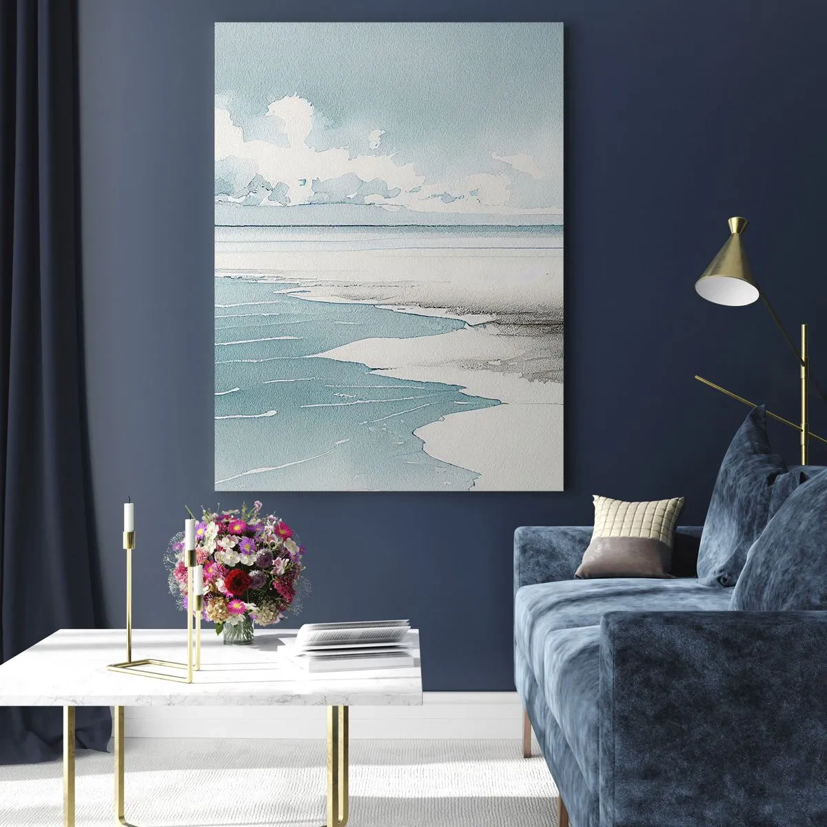 Glasbild - Bild auf glas - Ruhiges Meer und Strand in hellen Blautönen - 70x100cm - Sanfte Flut - Moderne Wanddekoration für Wohnzimmer und Schlafzimmer ARTTOR