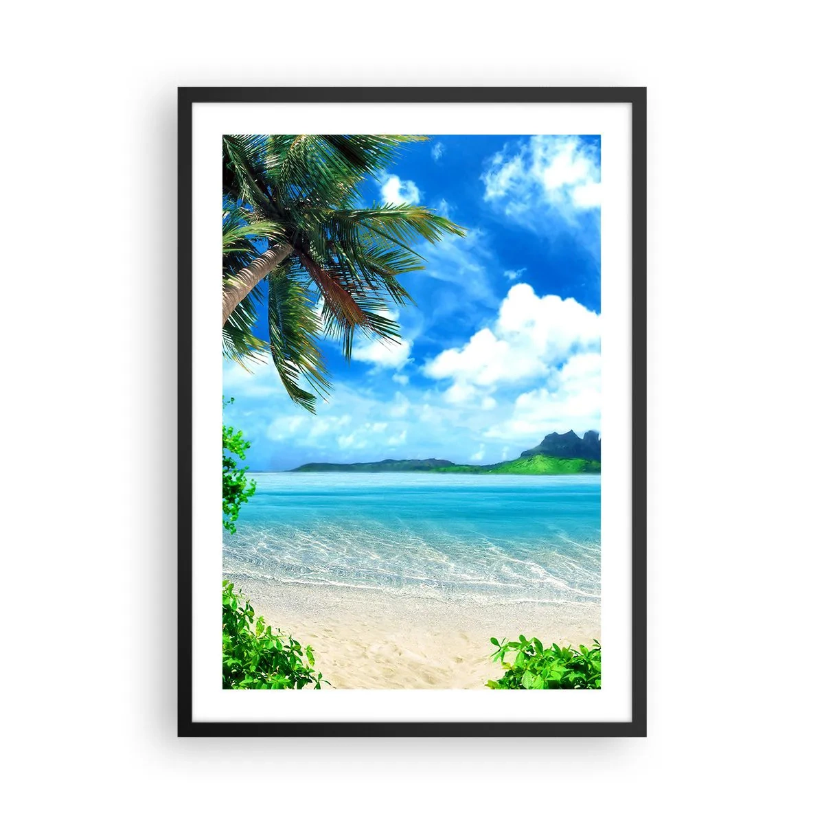 Poster in einem schwarzem Rahmen - Tropischer Strand mit Palmen und azurblauem Meer - 50x70cm - Das Azurblau der Tropen - Moderne Wanddekoration für Wohnzimmer und Schlafzimmer ARTTOR