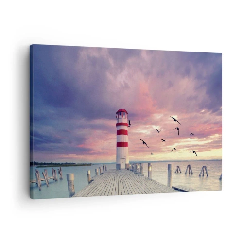 Bild auf Leinwand - Leinwandbild - Ein Leuchtturm auf dem Pier, umgeben von einem malerischen Sonnenuntergang - 70x50cm - Es ist Zeit zum Hafen zu gehen - Moderne Wanddekoration für Wohnzimmer und Schlafzimmer ARTTOR