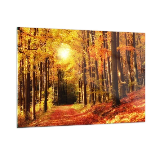 Glasbild - Bild auf glas - Herbstwald in goldenes Sonnenlicht getaucht - 120x80cm - Goldener Herbst auf einer Forststraße - Moderne Wanddekoration für Wohnzimmer und Schlafzimmer ARTTOR