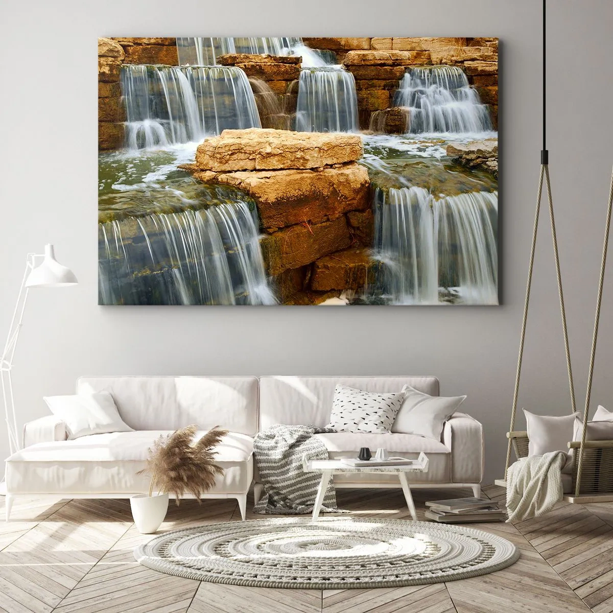 Bild auf Leinwand - Leinwandbild - Ein Wasserfall, der Steinstufen hinunterfließt - 70x50cm - Treppe zum Himmel - Moderne Wanddekoration für Wohnzimmer und Schlafzimmer ARTTOR