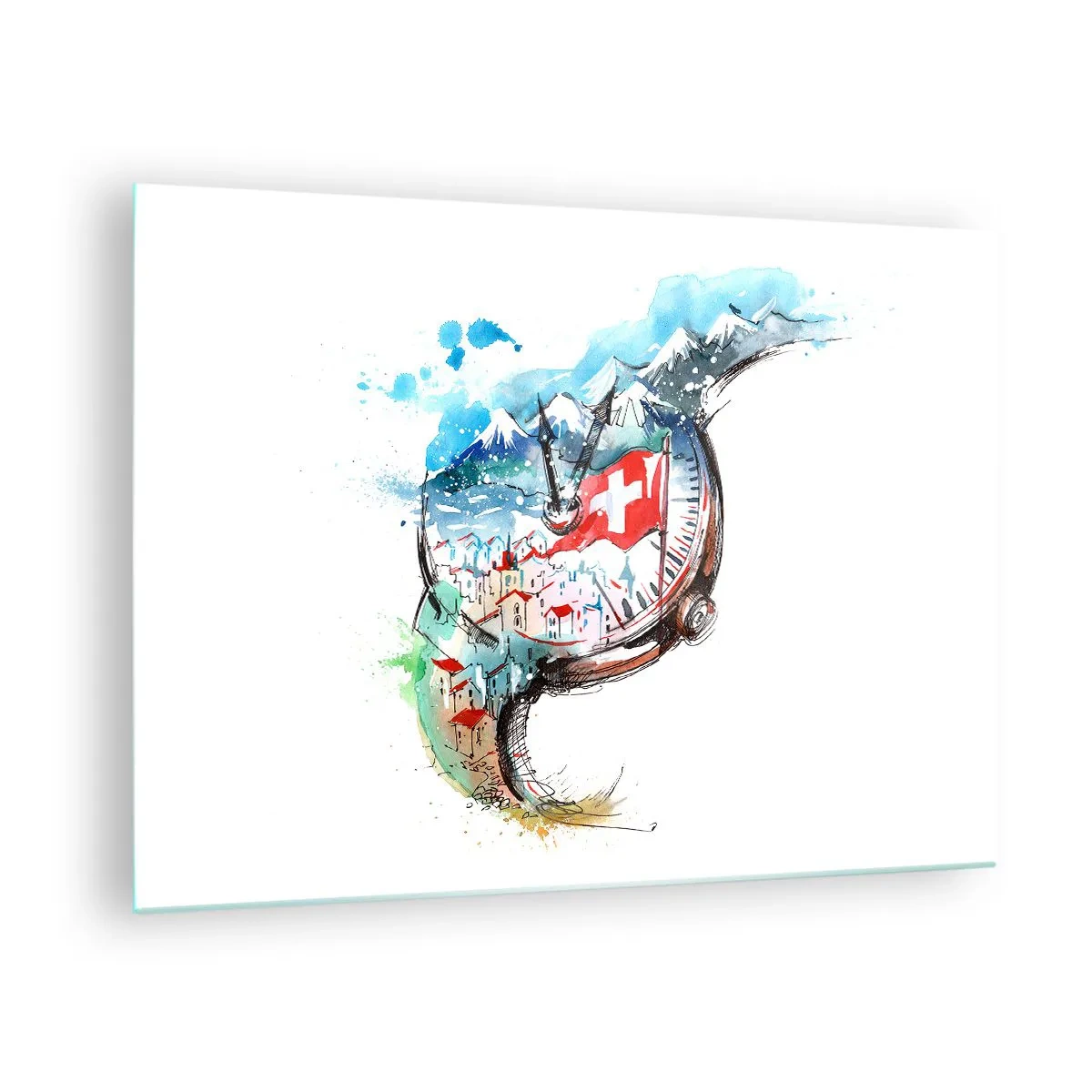 Glasbild - Bild auf glas - Aquarell einer Schweizer Landschaft mit einer Flagge und einer Uhr - 70x50cm - Der Geist der Schweiz - Moderne Wanddekoration für Wohnzimmer und Schlafzimmer ARTTOR
