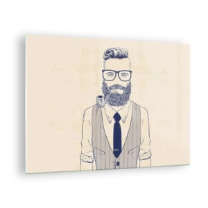 Glasbild - Bild auf glas - Ein stilisierter Mann mit Bart, Brille und Pfeife auf hellem Hintergrund. - 70x50cm - Fröhlich, maskulin und modisch - Moderne Wanddekoration für Wohnzimmer und Schlafzimmer ARTTOR