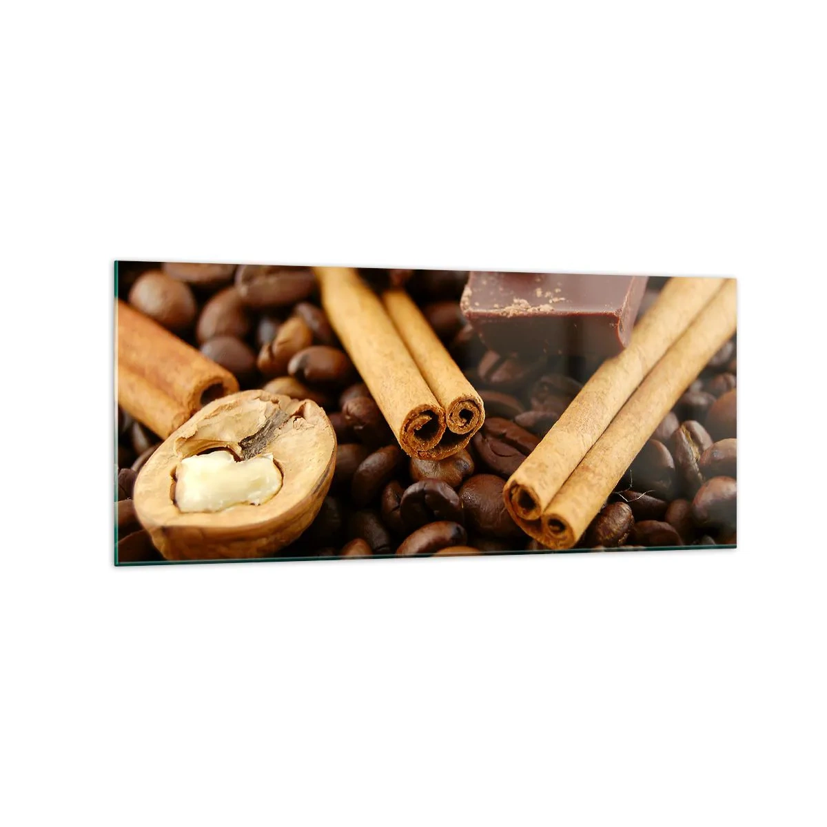 Glasbild - Bild auf glas - Kaffeebohnen mit Zimtstangen, Schokolade und Walnuss. - 120x50cm - Konzert der Aromen - Moderne Wanddekoration für Wohnzimmer und Schlafzimmer ARTTOR