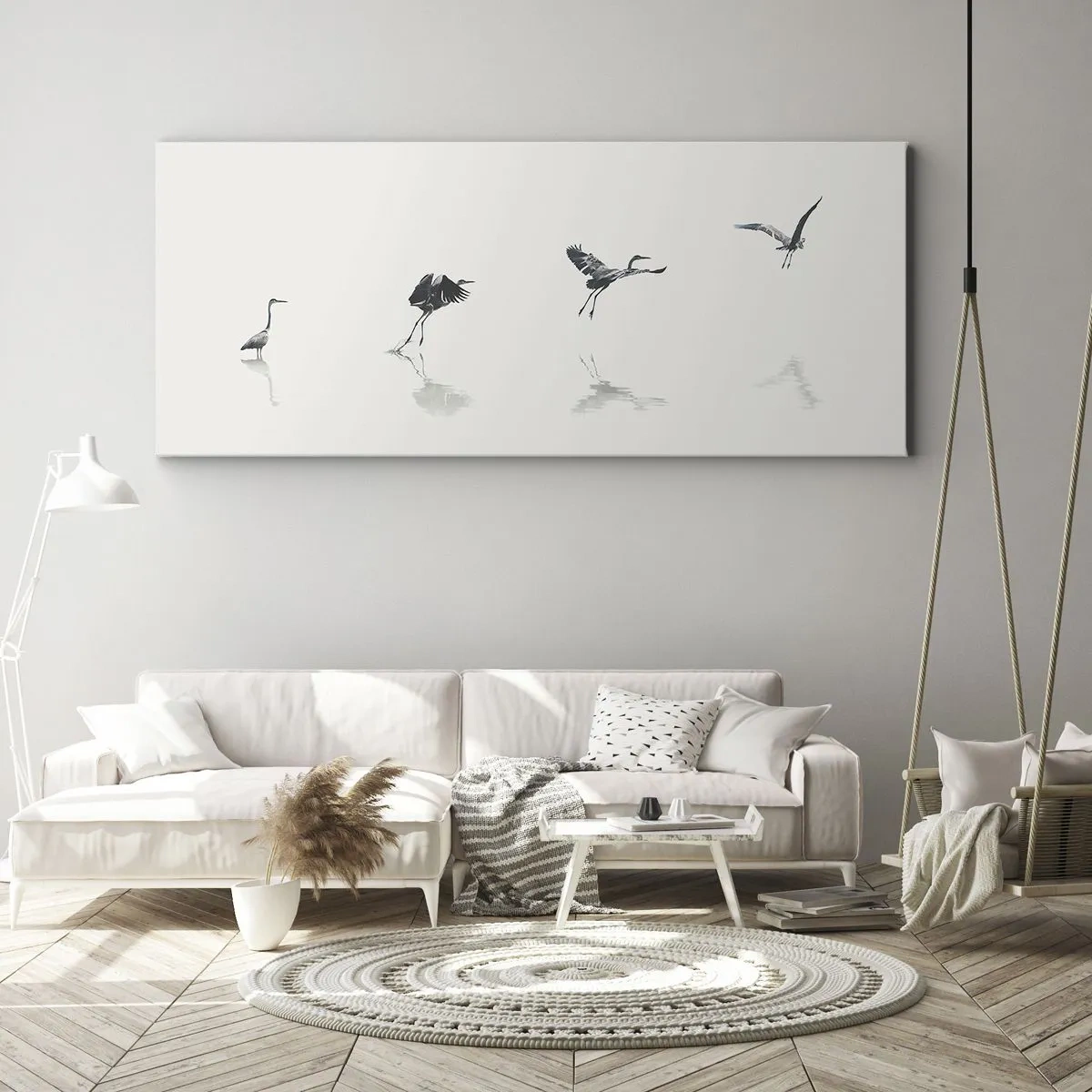 Bild auf Leinwand - Leinwandbild - Vier Vogelsilhouetten spiegeln sich im ruhigen Wasser - 120x50cm - Vier einfache Schritte - Moderne Wanddekoration für Wohnzimmer und Schlafzimmer ARTTOR