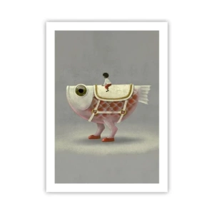 Poster - Ein Fantasiefisch mit Sattel und Figur auf grauem Hintergrund - 50x70cm - Reiter auf einem surrealen Fisch - Moderne Wanddekoration für Wohnzimmer und Schlafzimmer ARTTOR