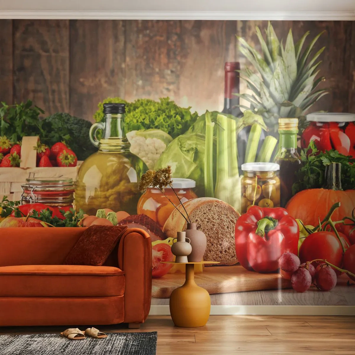 Fototapete Premium Sand - Geräuchert, gebacken und eingelegt - Gastronomie, Gemüse, Obst - 100x70 cm