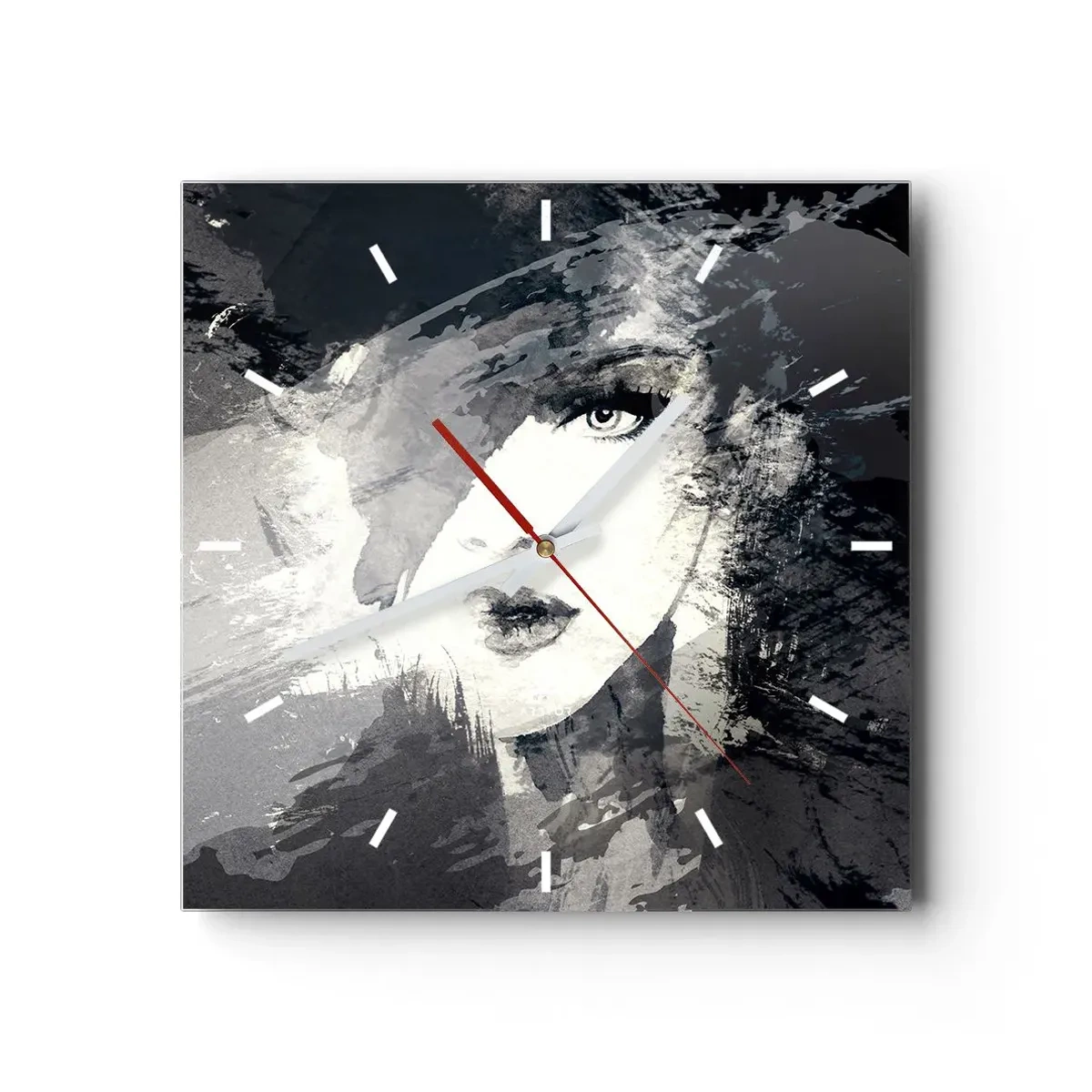 Wanduhr - Glasuhr - Ein abstraktes Frauenporträt in Grautönen mit zarten Akzenten. - 30x30cm - Hinter einem grauen Schleier - Moderne Wanddekoration für Wohnzimmer und Schlafzimmer ARTTOR