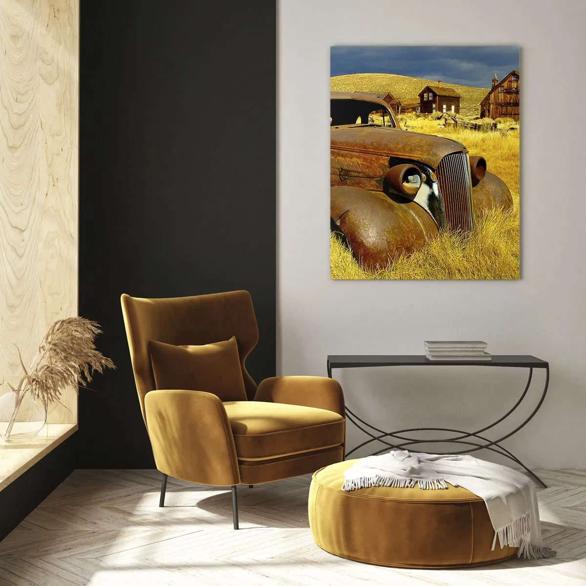Glasbild - Bild auf glas - Ein Oldtimer vor der Kulisse eines verlassenen Dorfes - 50x70cm - Eine wohlverdiente Ruhe - Moderne Wanddekoration für Wohnzimmer und Schlafzimmer ARTTOR