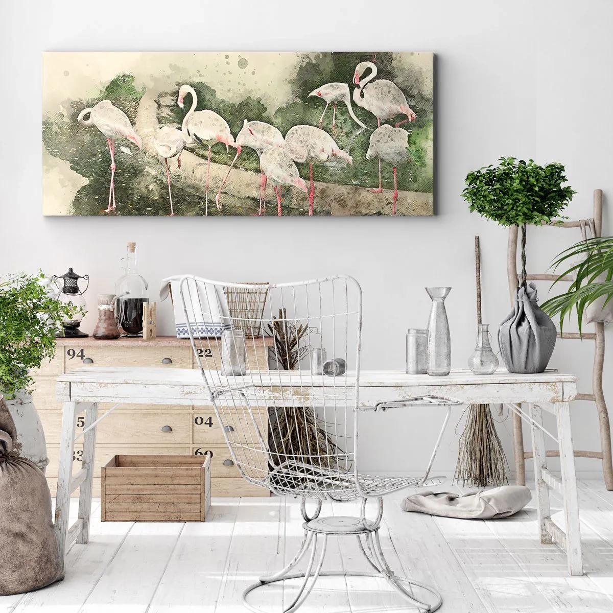 Bild auf Leinwand - Leinwandbild - Flamingos in ihrer natürlichen Umgebung im Aquarellstil - 140x50cm - Exotischer Traum - Moderne Wanddekoration für Wohnzimmer und Schlafzimmer ARTTOR