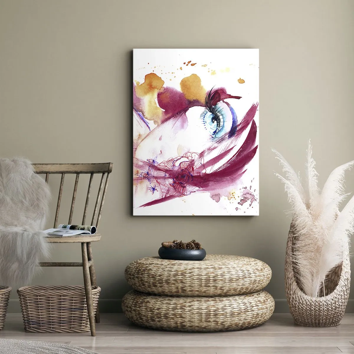 Bild auf Leinwand - Leinwandbild - Ein abstraktes Gesicht mit ausdrucksstarken Augen und roten Akzenten. - 50x70cm - Die Welt gedeiht in der Nähe - Moderne Wanddekoration für Wohnzimmer und Schlafzimmer ARTTOR