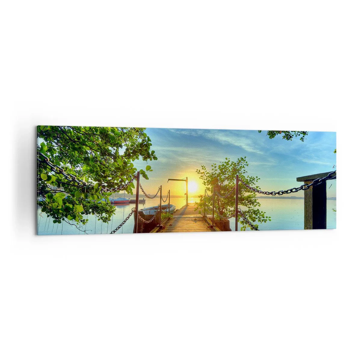 Bild auf Leinwand - Leinwandbild - Ein Pier über dem See in den Strahlen des Sonnenuntergangs - 160x50cm - Westen auf dem Wasser - Moderne Wanddekoration für Wohnzimmer und Schlafzimmer ARTTOR