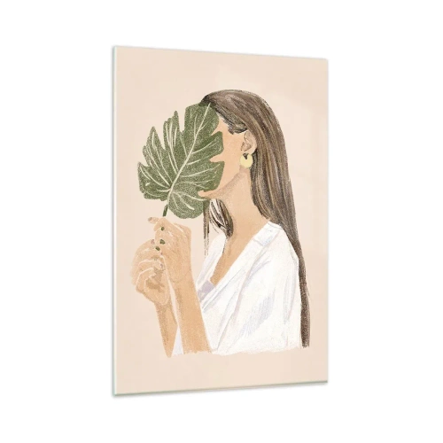 Glasbild - Bild auf glas - Porträt einer Frau mit einem Monstera-Blatt auf beigem Hintergrund - 80x120cm - Geheimnisvolles Porträt mit Fächer - Moderne Wanddekoration für Wohnzimmer und Schlafzimmer ARTTOR