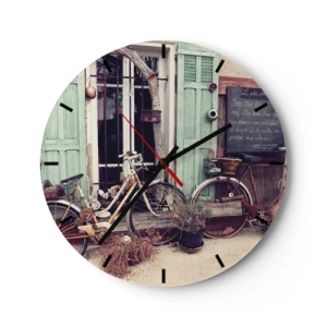 Wanduhr - Glasuhr - Retro-Fahrräder vor grünen Fensterläden - 30x30cm - Es lebe die Provinz - Moderne Wanddekoration für Wohnzimmer, Küche und Schlafzimmer ARTTOR