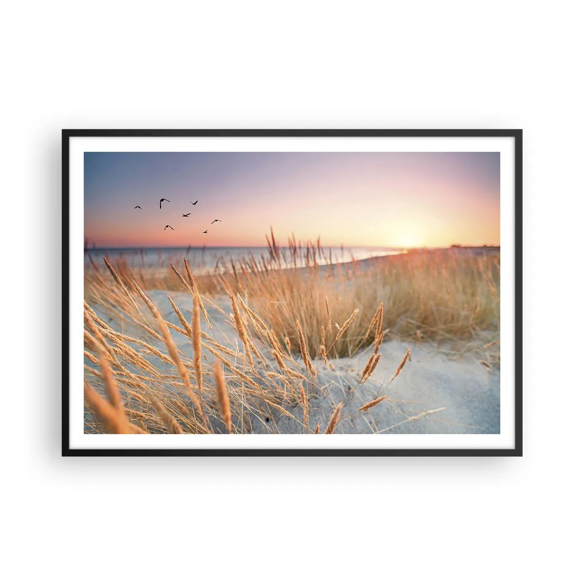 Poster in einem schwarzem Rahmen - Sonnenuntergangsstrand mit hohem Gras - 100x70cm - Das baltische Wiegenlied - Moderne Wanddekoration für Wohnzimmer und Schlafzimmer ARTTOR