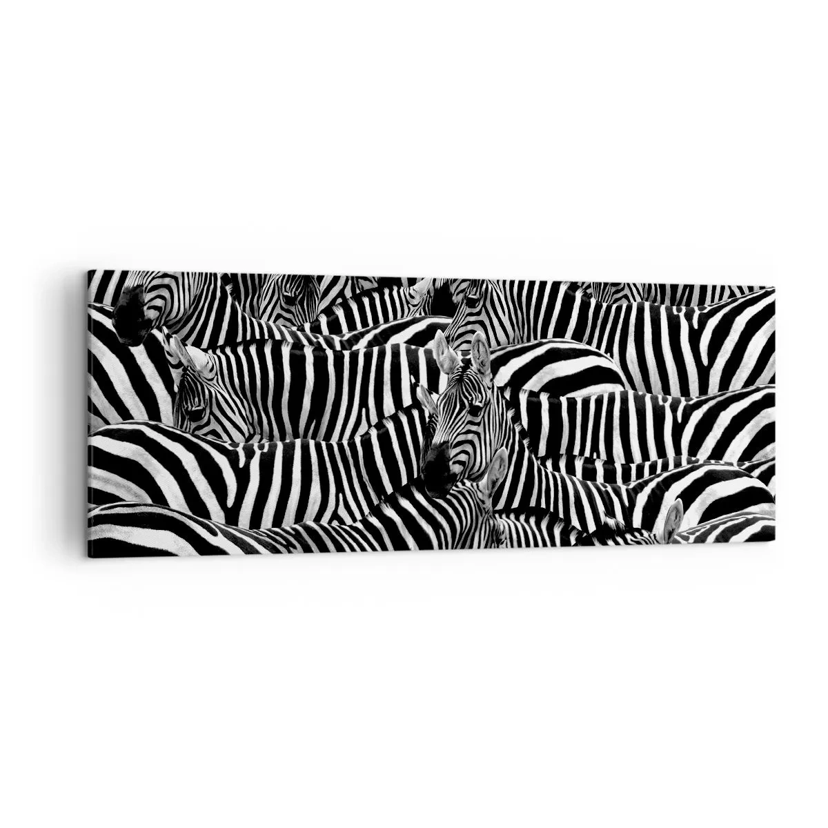 Bild auf Leinwand - Leinwandbild - Eine Gruppe Zebras mit schwarzen und weißen Streifen, die ein symmetrisches Muster bilden. - 140x50cm - Gestreiftes Gruppenportrait - Moderne Wanddekoration für Wohnzimmer und Schlafzimmer ARTTOR
