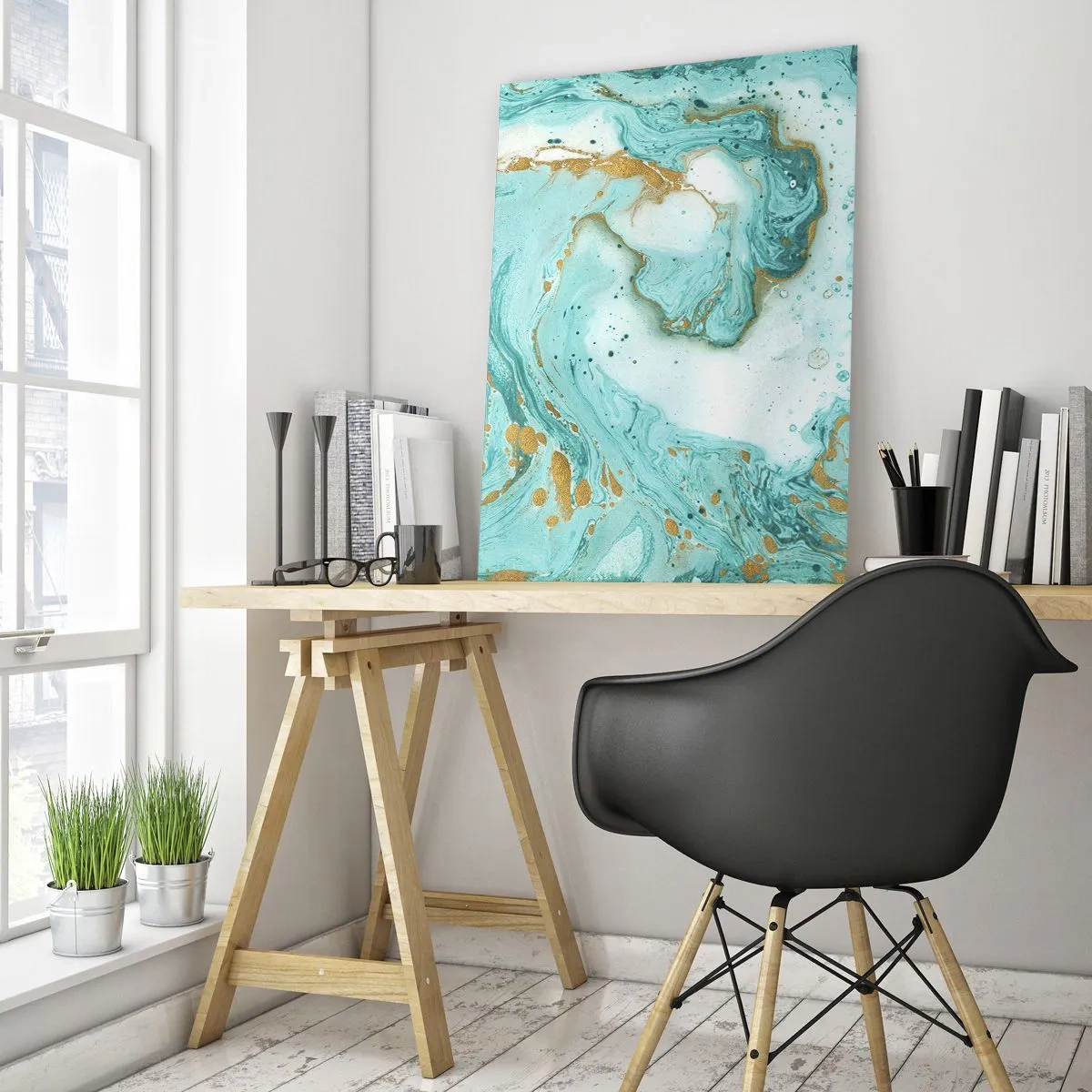 Glasbild - Bild auf glas - Türkis- und goldfarbenes Marmormuster - 50x70cm - Unter der großen Welle der Edo-Ära - Moderne Wanddekoration für Wohnzimmer und Schlafzimmer ARTTOR