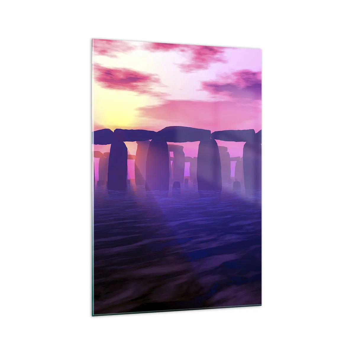 Glasbild - Bild auf glas - Steinkreis bei Sonnenuntergang mit violettem Himmel - 70x100cm - Geheimnis im Morgengrauen im Nebel - Moderne Wanddekoration für Wohnzimmer und Schlafzimmer ARTTOR