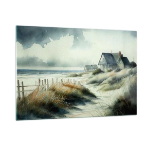 Glasbild - Bild auf glas - Dünenhäuser am Strand unter bewölktem Himmel - 120x80cm - Abseits vom Trubel - Moderne Wanddekoration für Wohnzimmer und Schlafzimmer ARTTOR
