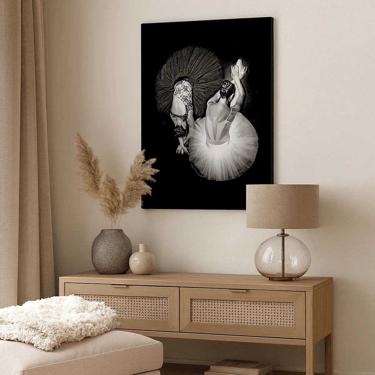 Bild auf Leinwand - Leinwandbild - Ein Schwarzweißbild von zwei Ballerinas in einer dynamischen Pose. - 50x70cm - Jin und Jang – perfekte Balance - Moderne Wanddekoration für Wohnzimmer und Schlafzimmer ARTTOR