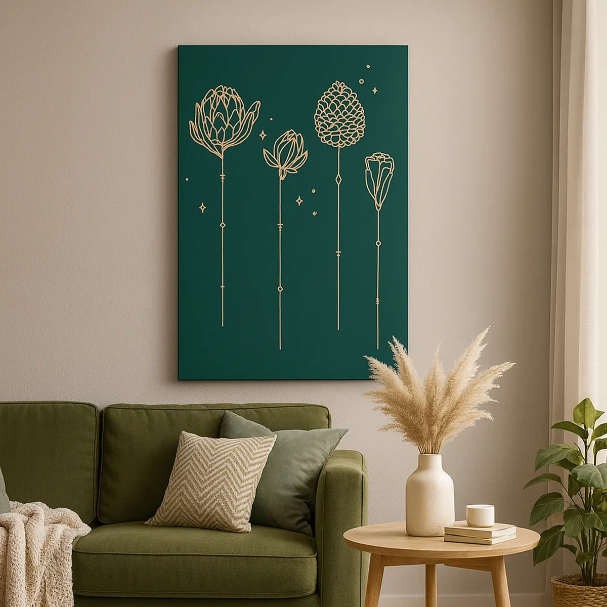 Bild auf Leinwand - Leinwandbild - Goldene Zeichnungen von Kräutern auf dunkelgrünem Hintergrund - 50x70cm - Familie ZIÓŁkowski - Moderne Wanddekoration für Wohnzimmer und Schlafzimmer ARTTOR