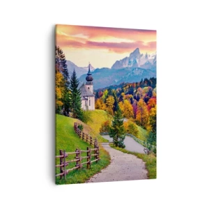 Bild auf Leinwand - Leinwandbild - Herbstliche Berglandschaft mit Kapelle und Sonnenuntergang - 50x70cm - Landschaftsartige Malerei - Moderne Wanddekoration für Wohnzimmer und Schlafzimmer ARTTOR