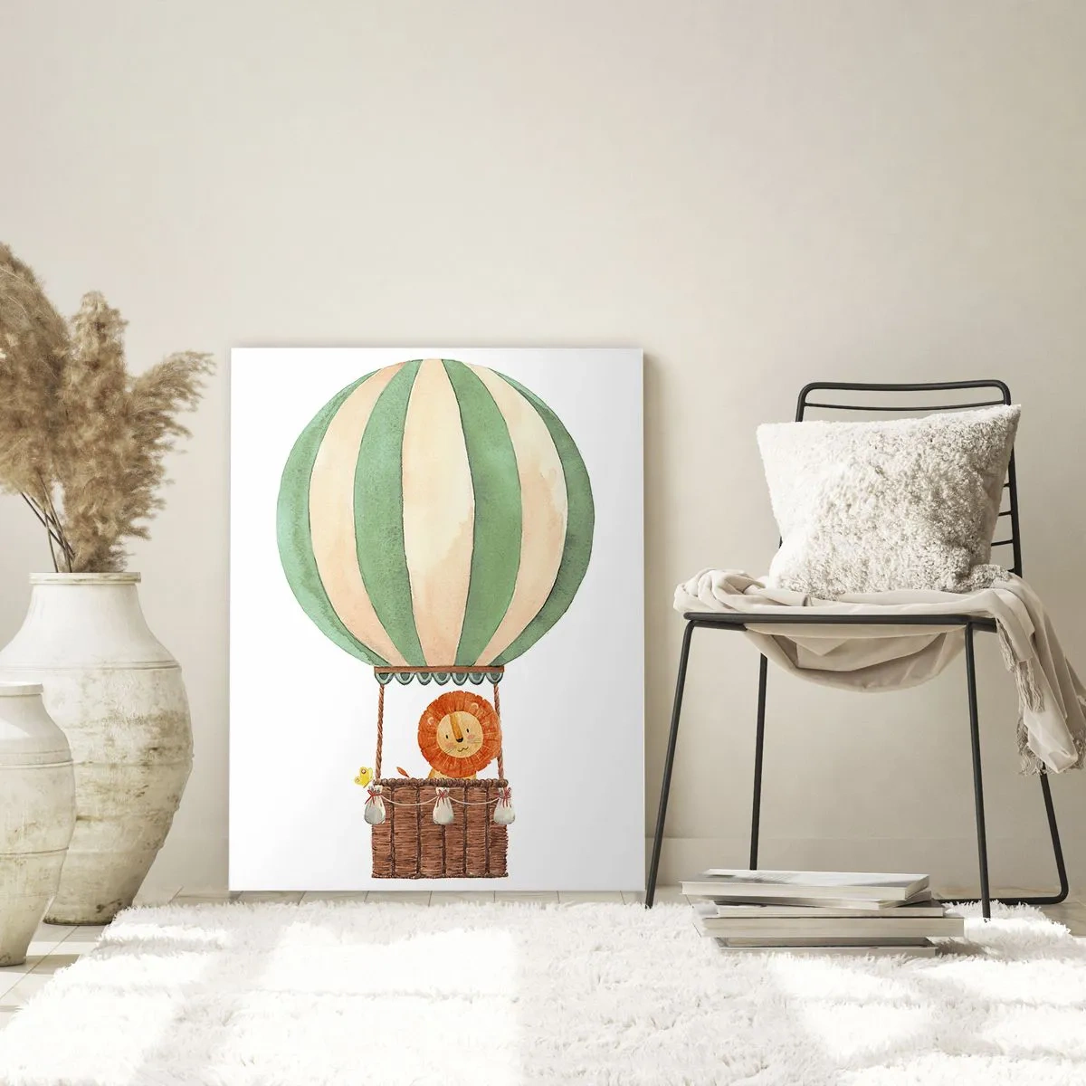 Glasbild - Bild auf glas - Ein Ballon mit einem lächelnden Löwen in einem pastellfarbenen Korb - 70x100cm - Leons Reisen - Moderne Wanddekoration für Wohnzimmer und Schlafzimmer ARTTOR