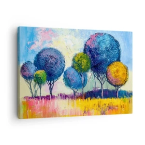 Bild auf Leinwand - Leinwandbild - Bunte kugelförmige Bäume vor dem Hintergrund einer Landschaft - 70x50cm - Kugel - die Form des Ideals - Moderne Wanddekoration für Wohnzimmer und Schlafzimmer ARTTOR