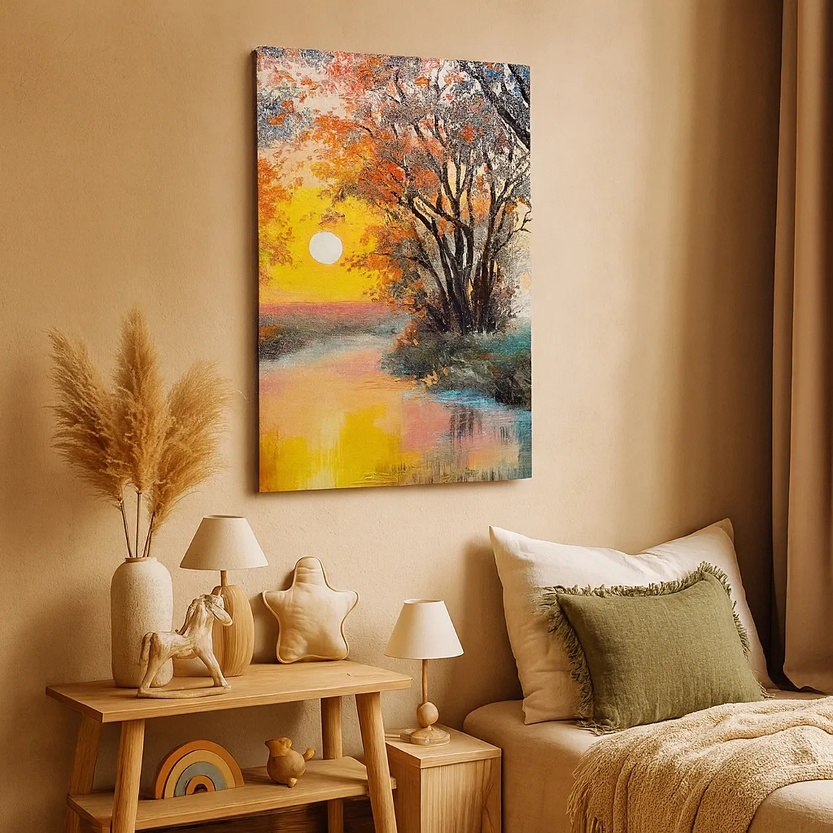 Bild auf Leinwand - Leinwandbild - Sonnenuntergang über dem Fluss in einer Herbstlandschaft - 50x70cm - Herbststimmung - Moderne Wanddekoration für Wohnzimmer und Schlafzimmer ARTTOR