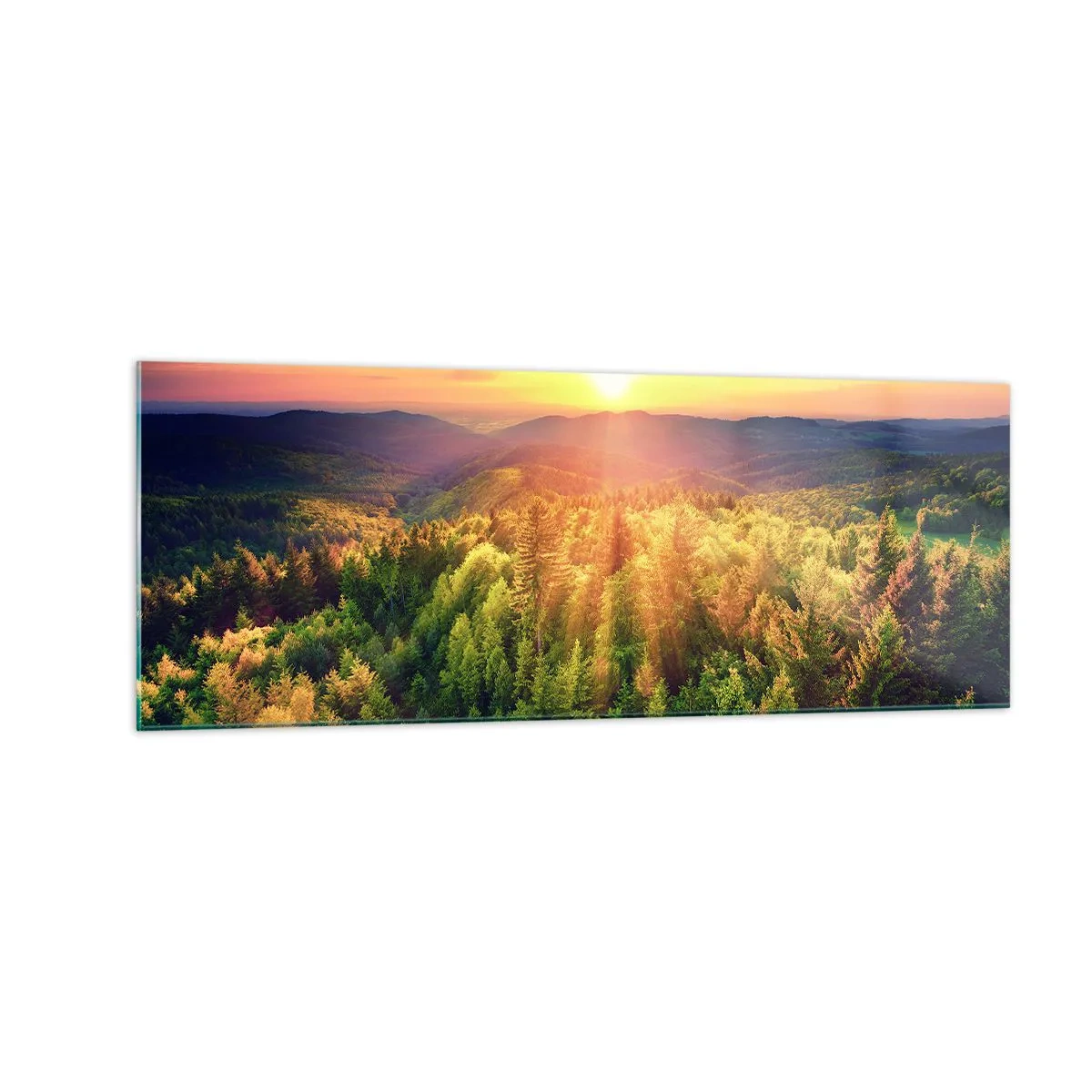 Glasbild - Bild auf glas - Waldlandschaft mit Sonnenuntergang über den Hügeln - 140x50cm - Scheitelpunkte und Spitzen - Moderne Wanddekoration für Wohnzimmer und Schlafzimmer ARTTOR