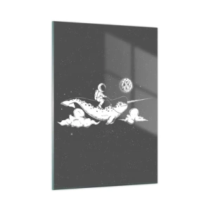 Glasbild - Bild auf glas - Astronaut reitet auf einem Narwal in einer Weltraumkulisse - 50x70cm - Weltraumreiter - Moderne Wanddekoration für Wohnzimmer und Schlafzimmer ARTTOR